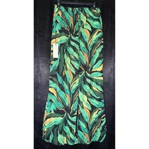 Rachel Zoe Tropical Leaf Print Linen Blend Wide Leg Pants Green Yellow Small NWT